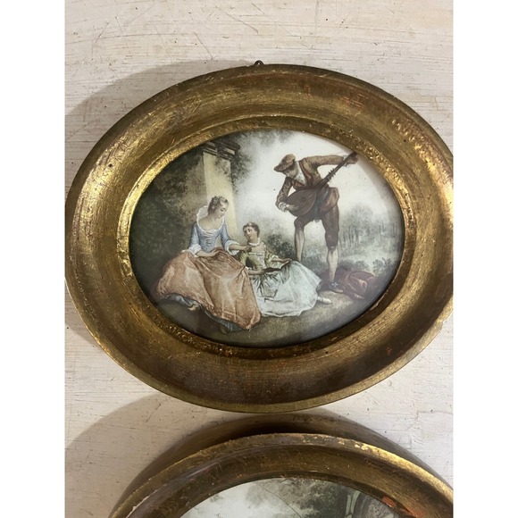 Vintage Set of 2 Oval Gold Framed Rococo Miniature Prints Courting Scenes Decor - Picture 4 of 6